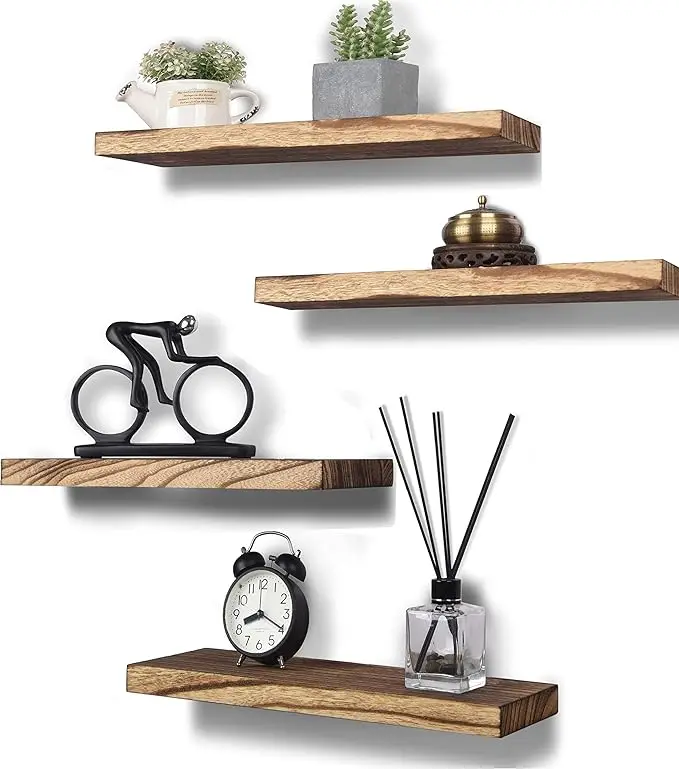 Natural Wood Floating Shelf for Home Storage & Organization, Set of 4