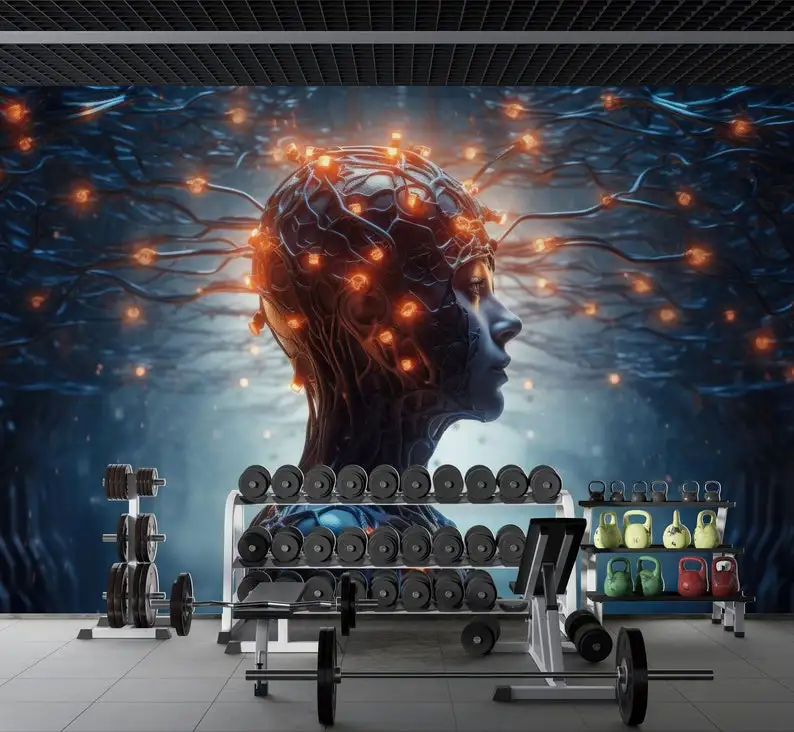 Wall Mural - Abstract Artificial Intelligence Brain Connected with Thoughts and Data - Office, Gaming Wall Decor Wallpaper