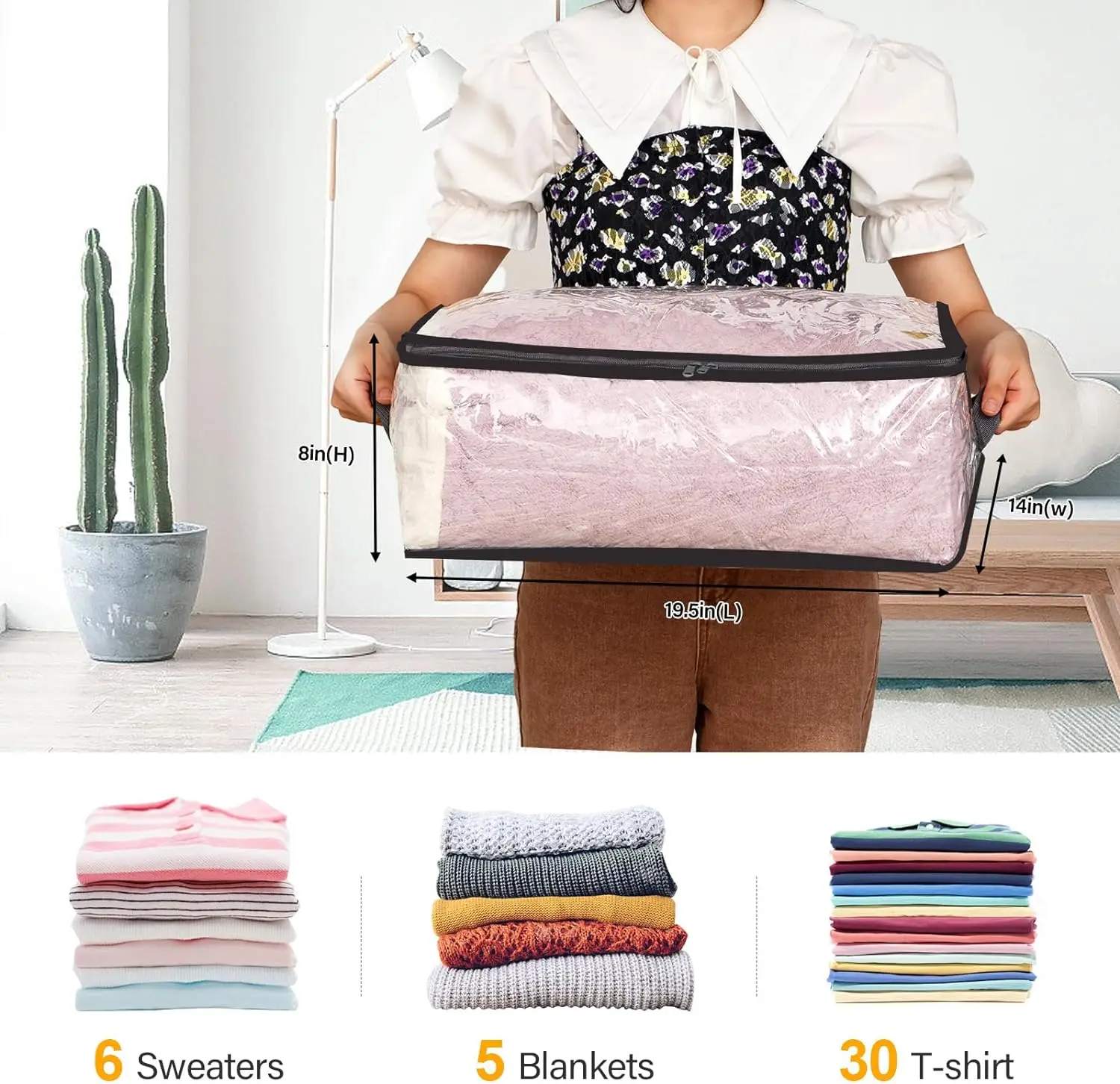 Texpack Clear Clothes Organizer Storage Bags, Foldable Bed Sheet Comforter Storage Bags PVC Organizers with Zipper for Sweaters,