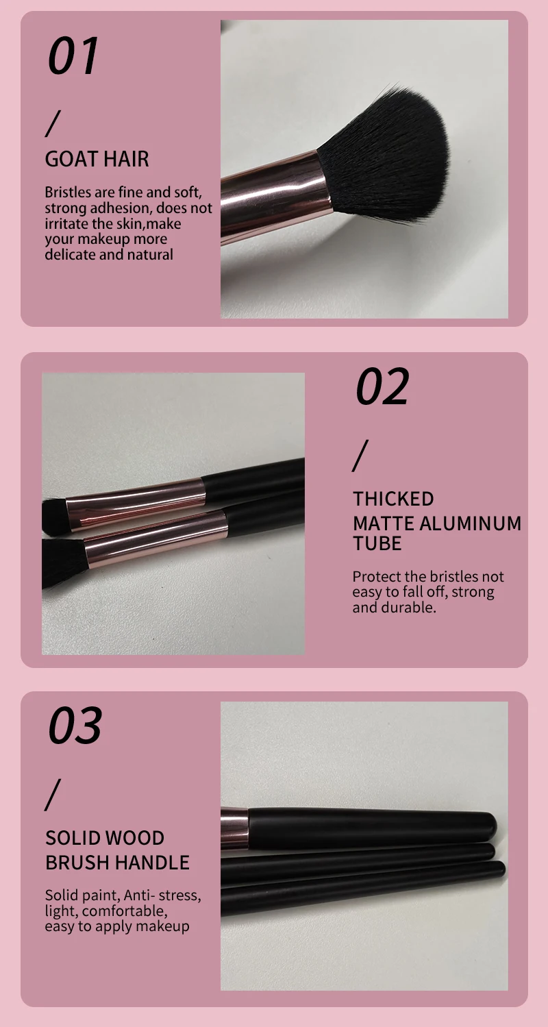 Custom private label 3pc rose gold aluminum ferrule makeup contour foundation eyeshadow brushes tools