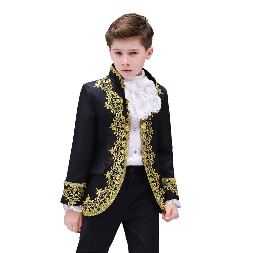 Black Red and White Fashion Retro Court Children Boys Suits Three Piece Embroidery Performance Prince Charming Cosplay Kids Suit