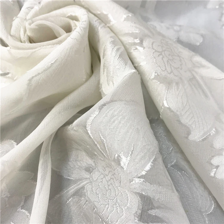 
White Bridal Fabric 14.5mm Floral Silk Viscose Fabric Jacquard Fabric for wedding dress 