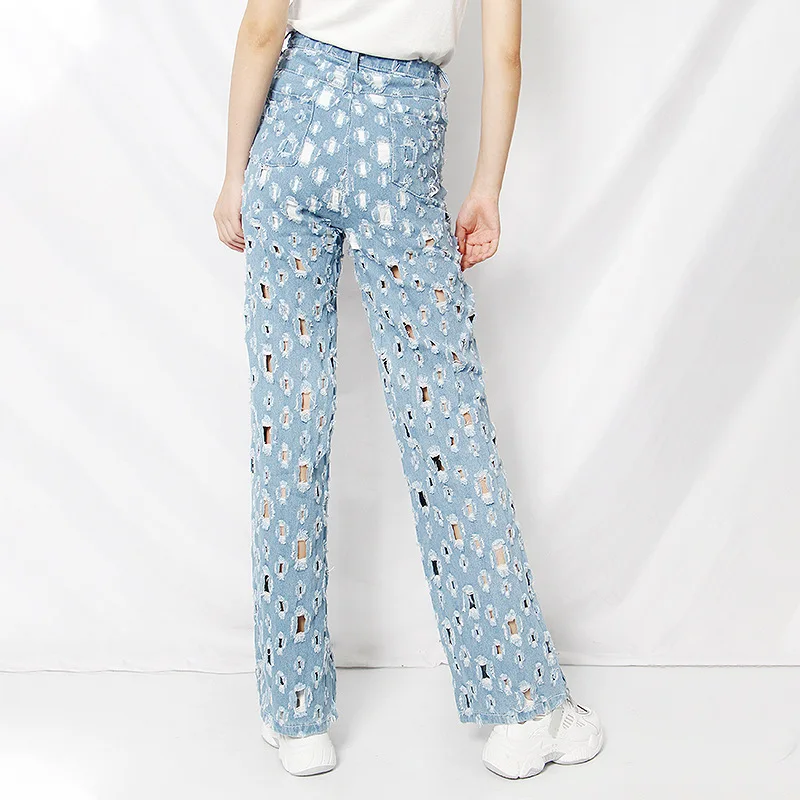 2022 Spring New Retro Old Hollowed out Washed Loose Denim Women Wide Leg Pants Wholesale Jean for Girls Ripped Jeans