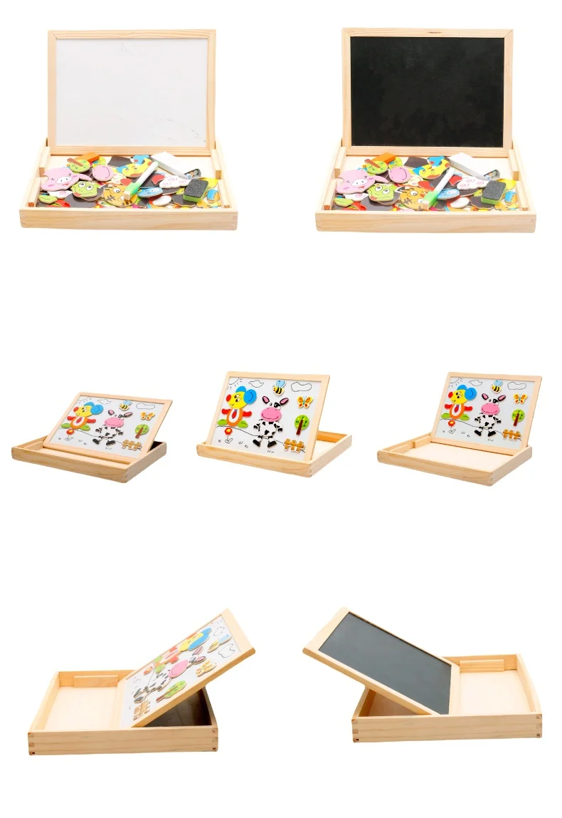 Double Side Magnetic Easel & Dry Erase Board Wooden Educational Toys for Kids 2-4 Years DIY Puzzles & Games Boxed