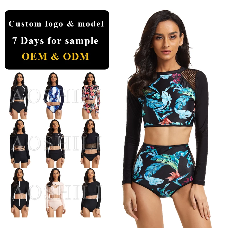 AOSHILI 2021 blue leaves long sleeve swimwear for women two piece swimming suits cropped rash guard bikinis fitness swimwear