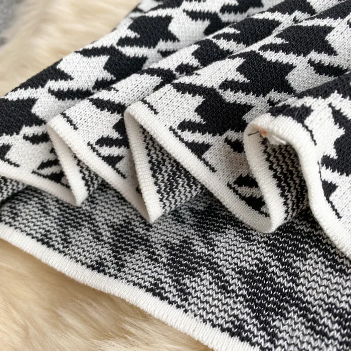 2022 Korean Fashion Classic Houndstooth Pattern Short Sleeve Knitted Dress Women Slim Dresses Clothing 8