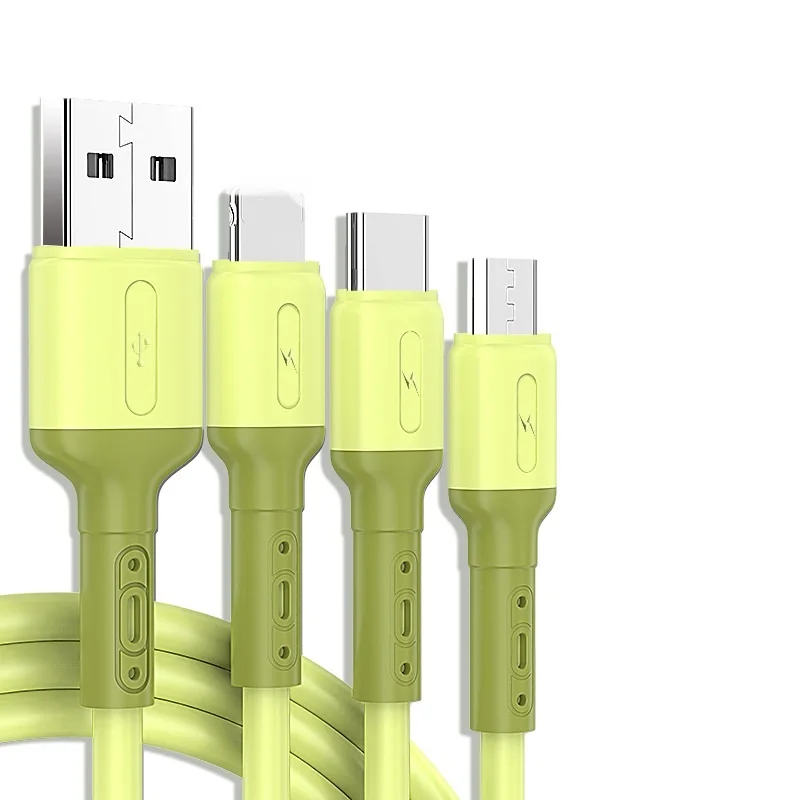 
3 in 1 Liquid Silicone 3A Fast Charging Cable TPE ABS Cover Copper Core Cable for Lightn Light Lighting Type C Micro USB Yellow 