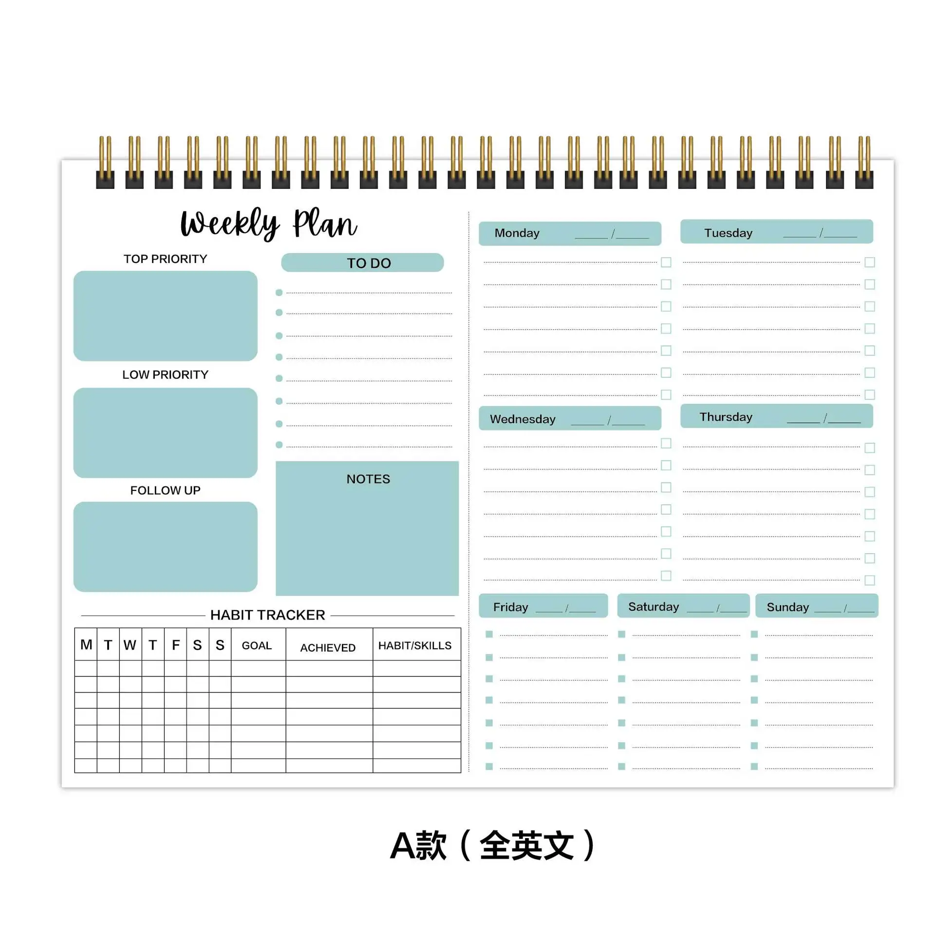 A4 Sprial Binding Daily Weekly Non-dated Planner Agendas Weekly Plan Habit Tracker Note Pad Desk Planner