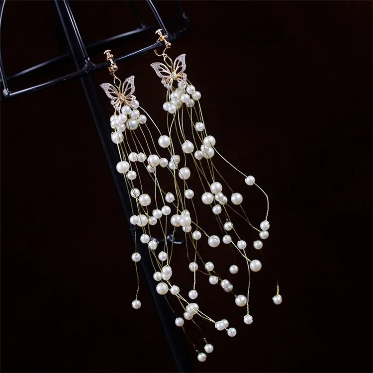 bridal gold earrings ultra long handmade beaded butterfly earrings diamond accessories wedding prom party bridal earrings