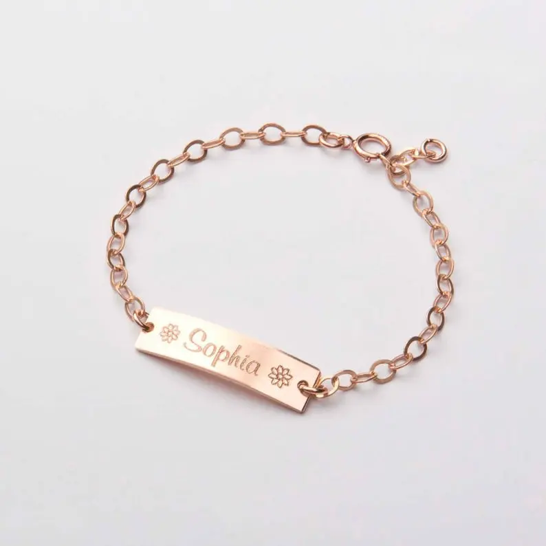 Custom Made Vacuum Gold Plated Personalized engravable/laser birthday custom Charm Baby Name Blank Bar Bracelet