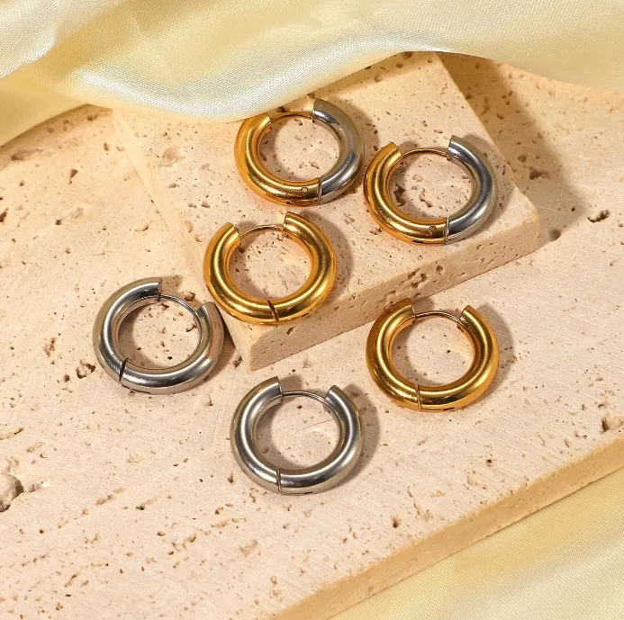 4mm New Design Minimalist 18k Gold-plated Stainless Steel Jewelry Gold and Silver Ring Shaped Earrings