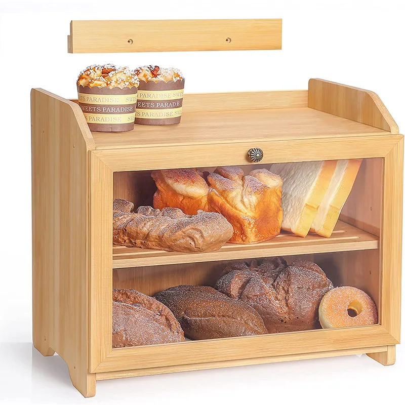 Multipurpose Kitchen Countertop 2 Layer Bread Storage Bamboo Bread Box