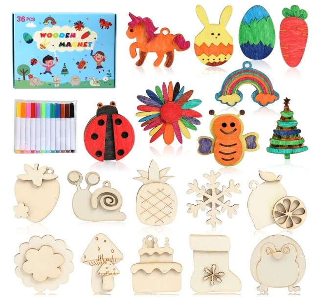 DIY Wooden Magnets Wooden Art Craft Supplies Painting Kit Kids Party Favors Boys Girls Birthday Easter Gifts Toys Basket