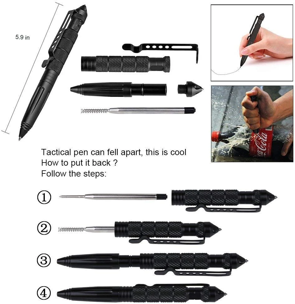 
Military Tactical Pen, Professional Self Defense Pen, Emergency Glass Breaker Pen - Tungsten Steel, Writing Tool with 6 Refill 