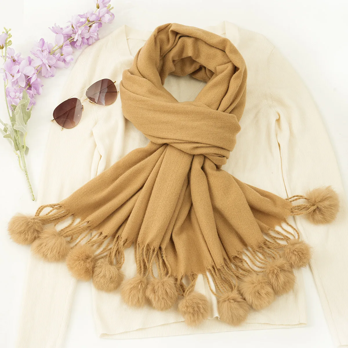 Custom Women Shawl Winter Thick Warm Wraps and Capes With Fur Ball Pom Pom Female Imitation Cashmere Pashmina Scarves