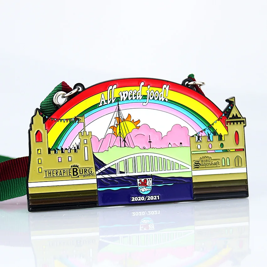 
custom cheap kids colorful enamel sports christmas club color ribbon run medals with ribbon 