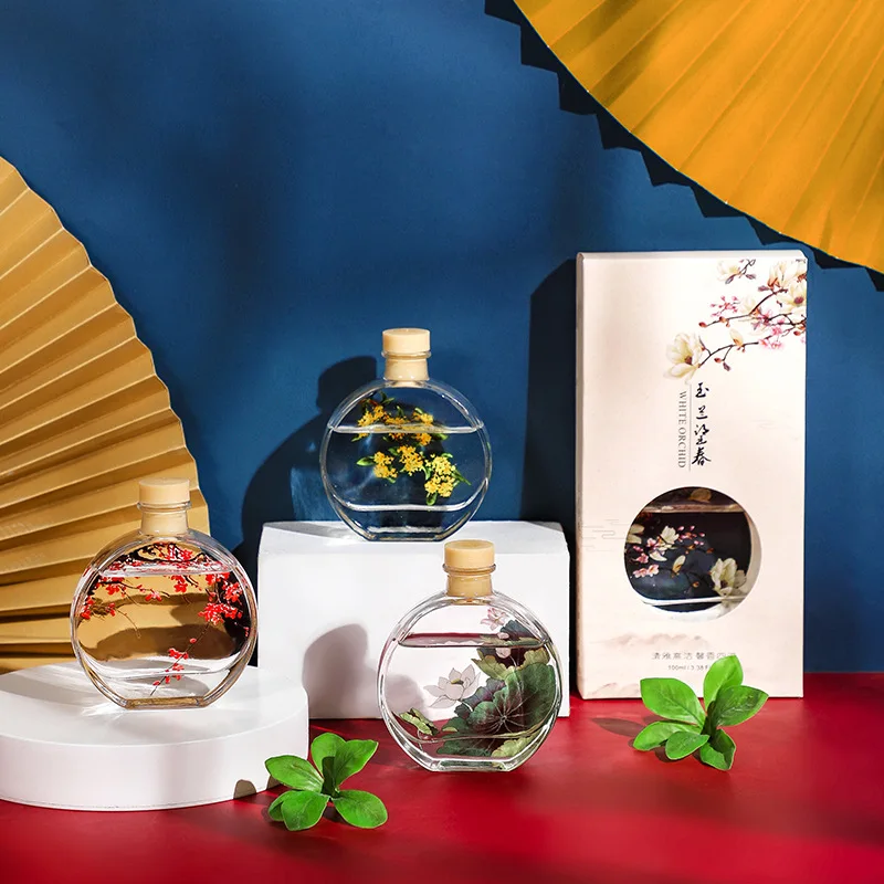 Manufacturers In Stock Flat Round Aromatherapy Bottle Indoor Expansion Essential Oil Reed Diffuser