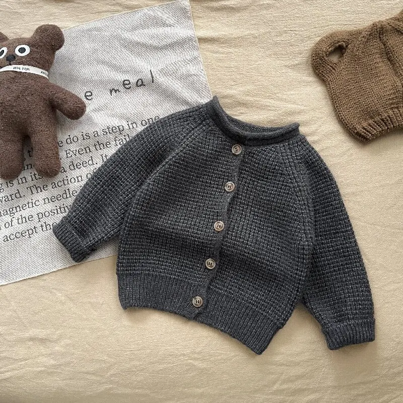 Custom Logo Autumn Newborn Baby Knit Sweater Cardigan Infant Solid Color Knitted Coat Toddler Boy Long Sleeve Top