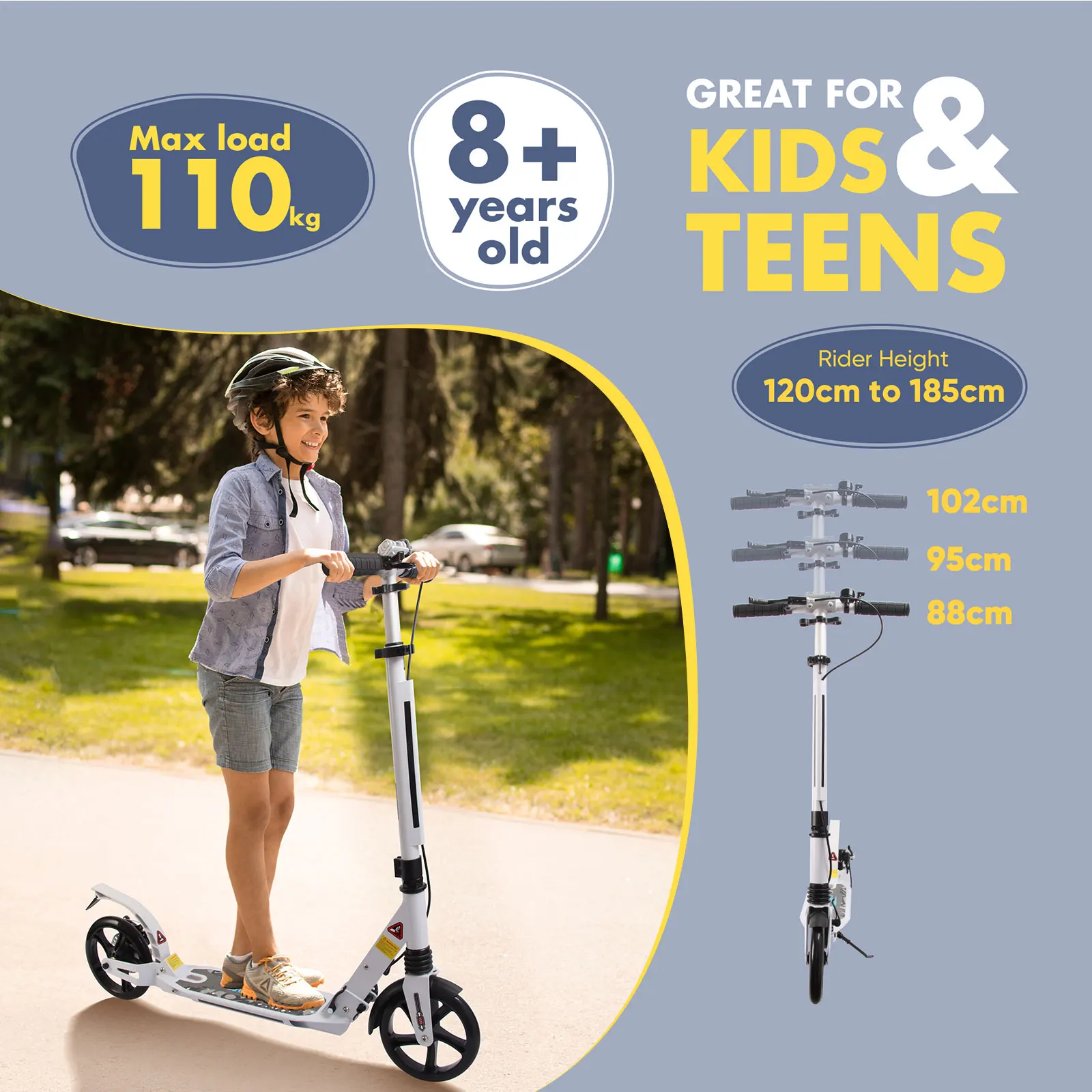 Folding Scooter with big wheels for Teens/Adult with 3 Adjustment Levels Scooters with Dual Suspension