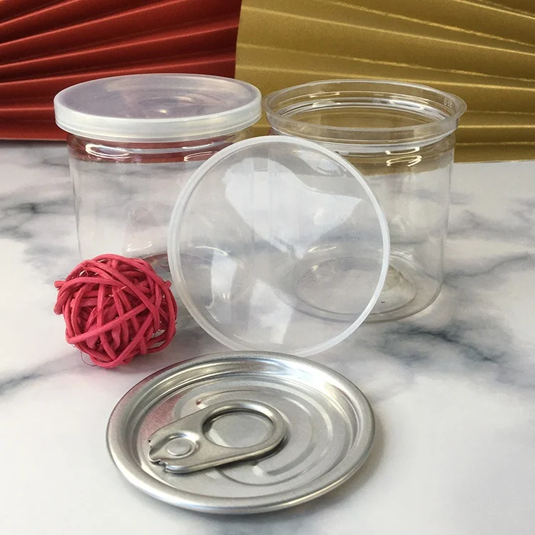 Food Grade 100-1000ml plastic cans sealed jar for food canned packing. clear PET top open easy pull ring jar with aluminum lid