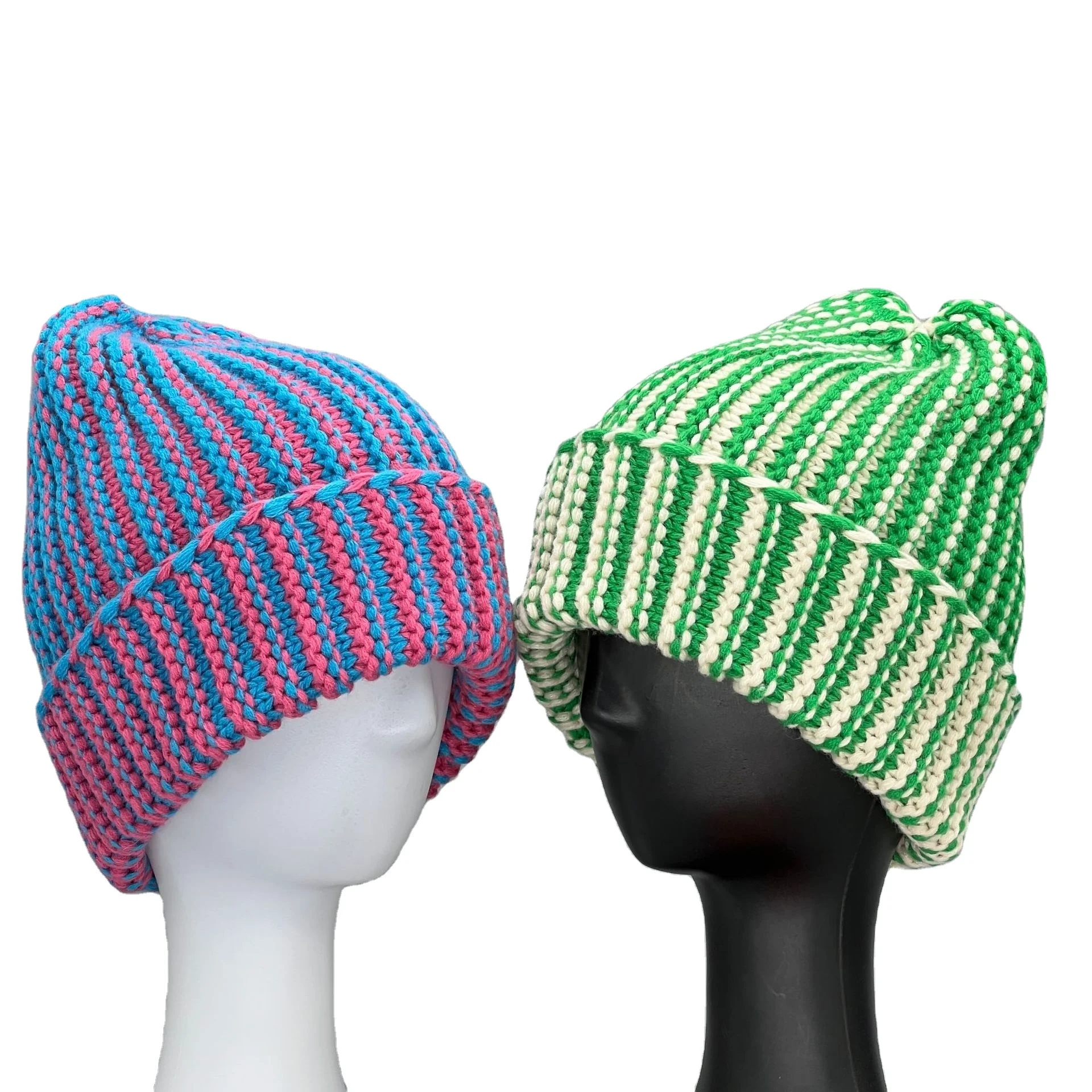 High Quality Acrylic Two Tone Beanies For Winter Unisex Custom Logo Heavy Knitted Hat