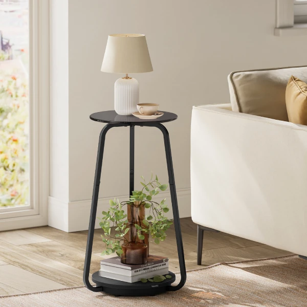 VASAGLE Round 2 Tier Nightstand Glass Tabletop Black Side Table Tall Coffee Tea End Table for Bedroom