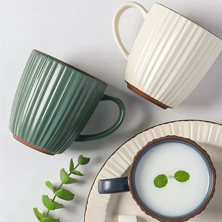 Wholesale Modern Vintage 9oz Green Grey Cup Unique Striped Glazed Ceramic Coffee Mug