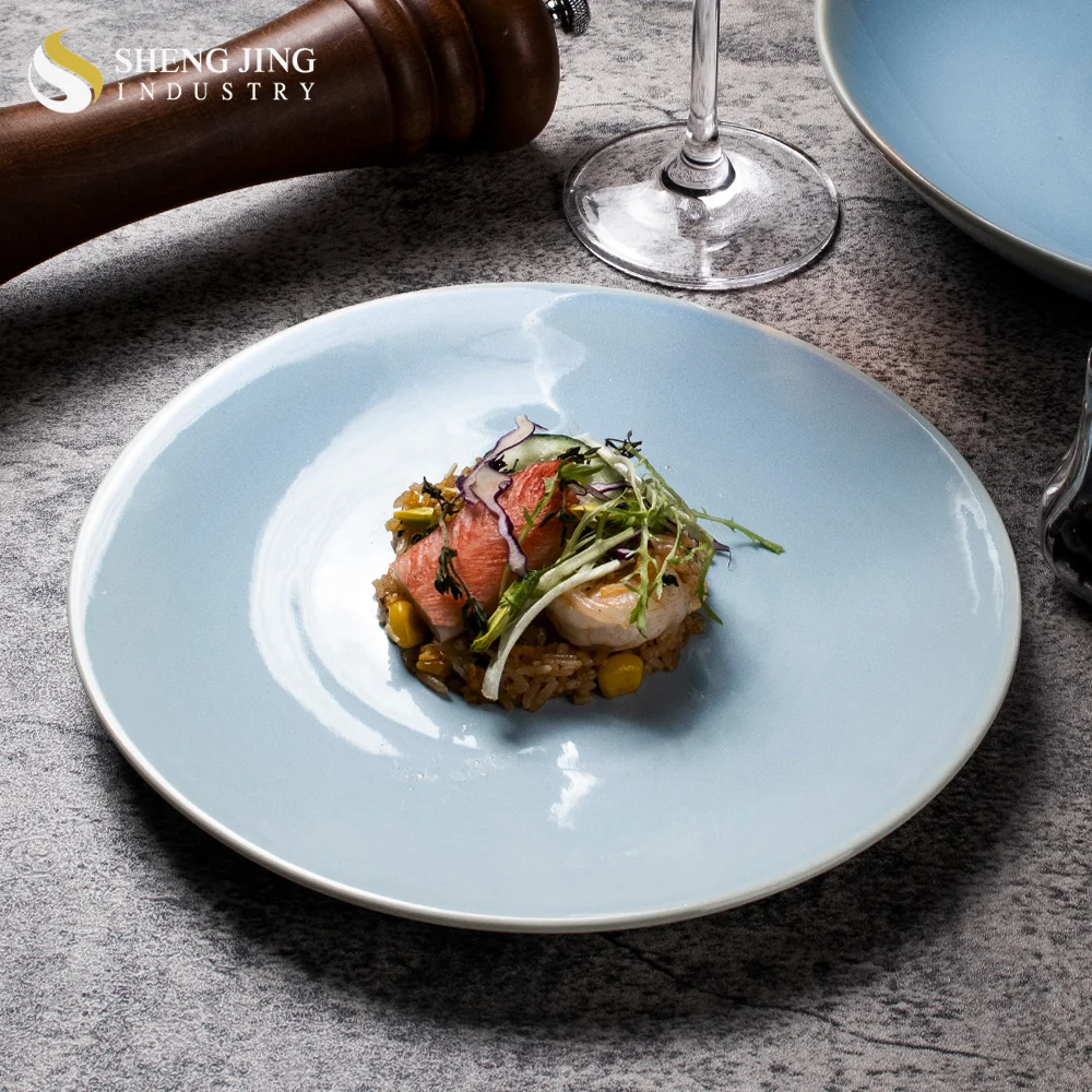 Light Raised Edge Vajilla Platos Blue Reactive Dinner Plate Side Prato Ceramic Dinnerware Flat Steak Dishes Coupe Round Plate