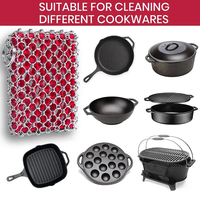 Premium 316L Stainless Steel Chainmail Scrubber with Silicone Insert Cast Iron Cleaner Set for Kitchen Cleaning Sponge Included