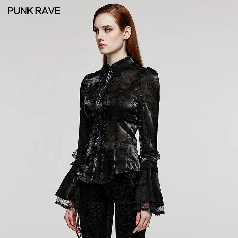 PUNK RAVE WLY-104XCF Goth Vintage Rose Patterned Shirt Sexy Perspective Slim Organza Shirt Lolita Flared Sleeves Lace Blouse