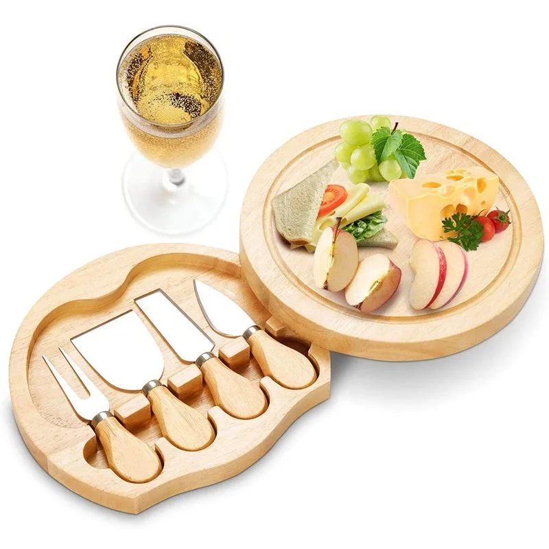 Unique Natural Wood Round Board  4pcs Cheese Knife Tool  Cutter  Butter Spatula  Set with gift box