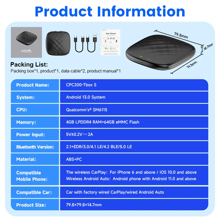 Carlinkit Mini Sm6115 Box Car Android 4 64Gb SM6115 Quad Core Wireless Carplay Car Accessories Portatil Ai Box for Apple