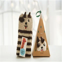 Cute Animal Design Deer Christmas Socks Women 3D Fluffy Coral Velvet Thick Warm Winter Socks with Box R0744
