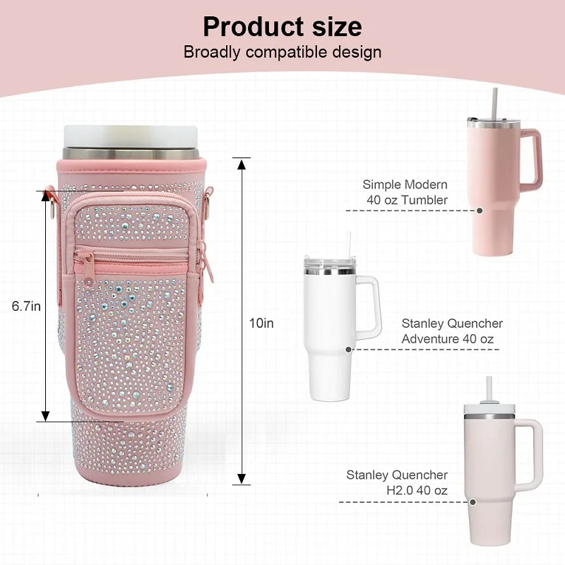 Zipper pouch neoprene 40oz bling rhinestone tumbler cup crossbody sling water bottle carrier bag with shoulder strap for stanley