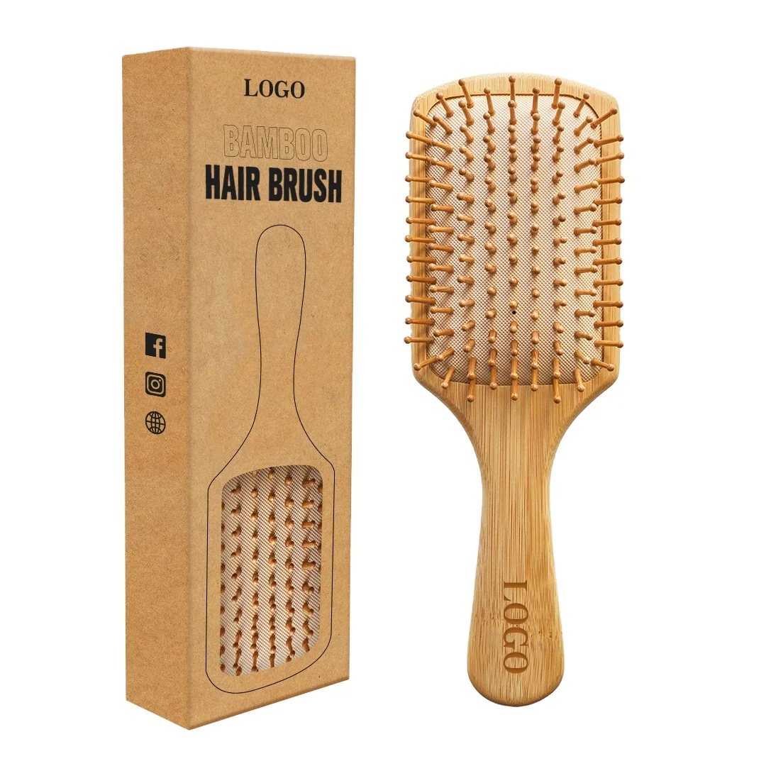 Low MOQ Long Handle Eco-friendly Bamboo Wooden Paddle Brush Detangle Air Brush for Hair