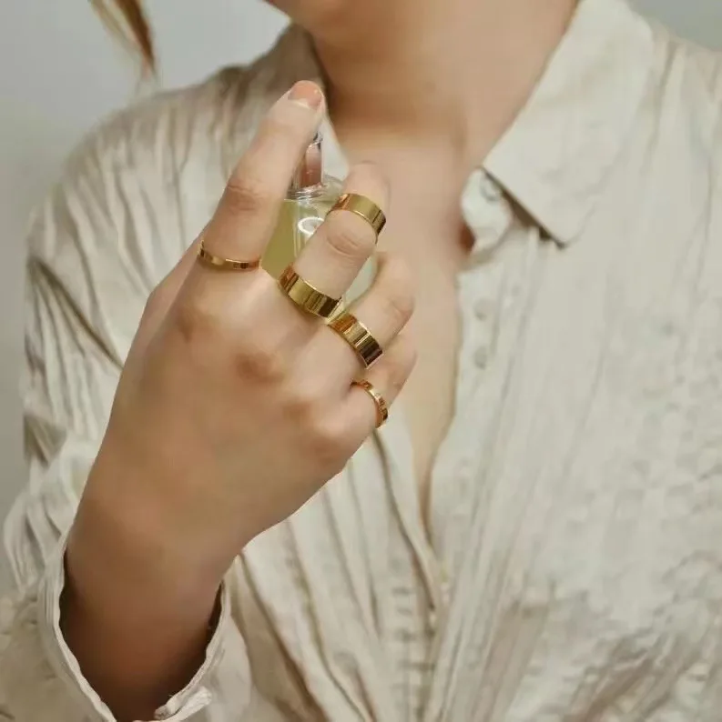 Minimalist Engraved Flat Band rings gold 18k rings jewelry women plated Non Tarnish Wide Thick Cigar Stacking Ring