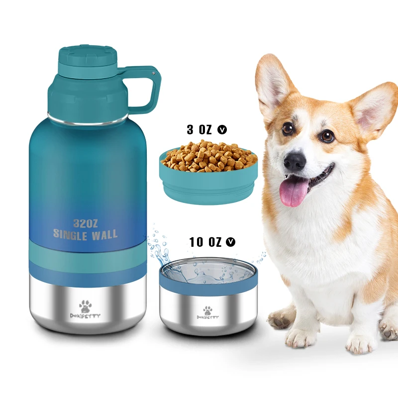 Ready to ship 3 in 1  32oz 64oz Portable single Dog Water Bottle Bowls Stainless Steel Insulated outdoor lovely puppy lover