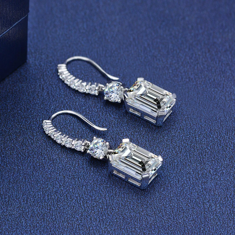 Women Fine Jewelry 8x11mm 4.0ct 10mm Zircon Cubic S925 Sterling Silver Classic Emerald Cut Created Diamond Drop Hook Earrings