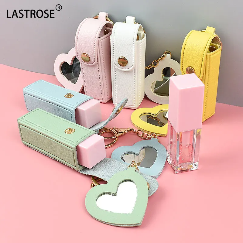 Hot Sell Lipstick holder keychain Mirror PU leather Lip Balm Holder keychain Lipstick Case with Makeup Mirror