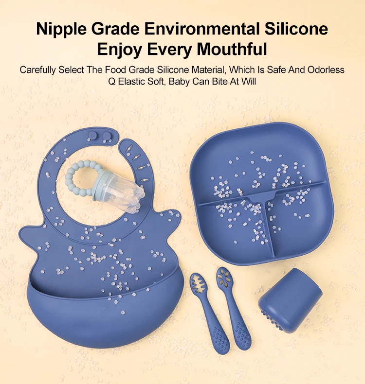 Custom Bpa-free Silicone Tableware Baby Feeding Bib Plate Cup Training Spoon Silicon Fruit Pacifier Baby Wearning Feeding Set