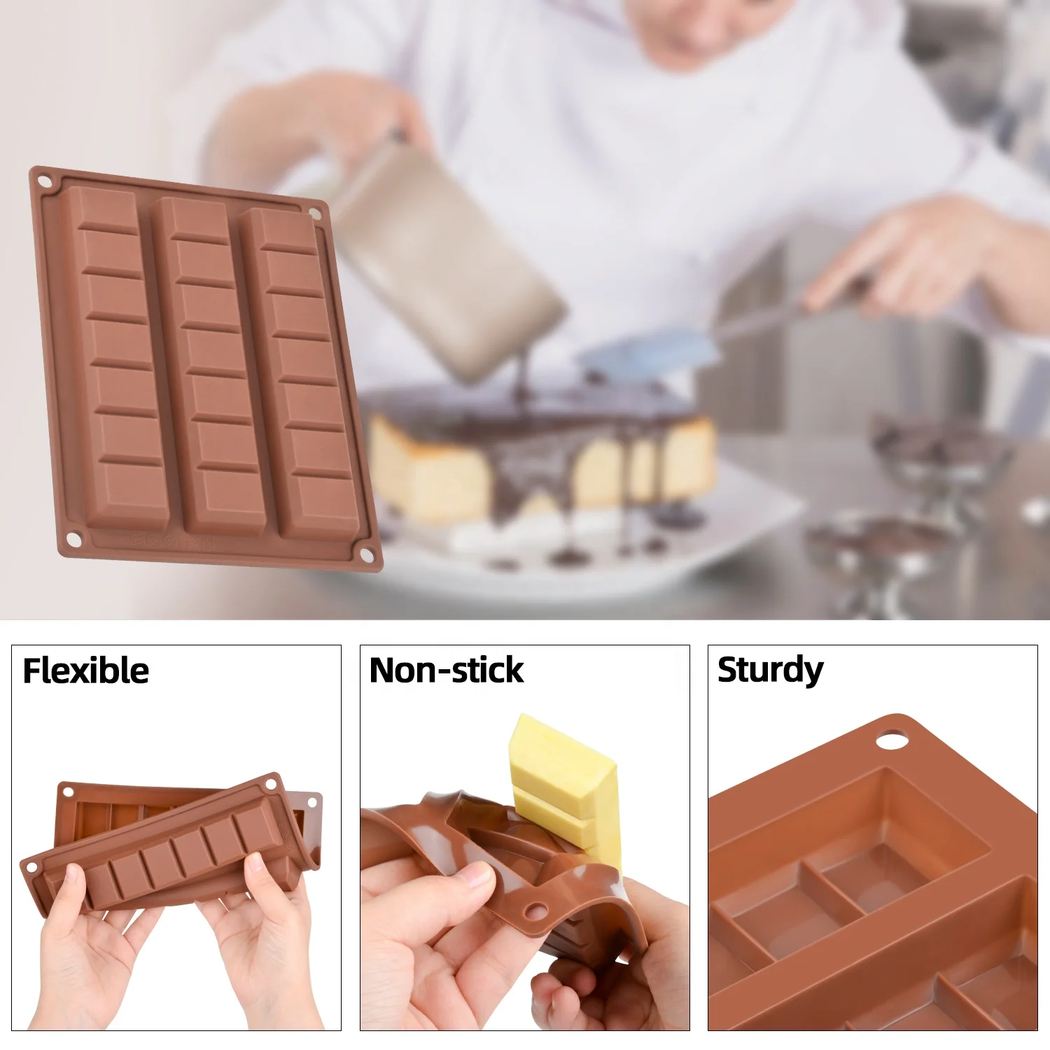 New design  3  *  7 long chocolate bar molds flexible wax melt mold for Handmade lovers making tray