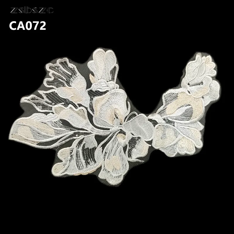 Customizable Polyester white floral embroidery lace applique with sequin for  clothing patches dress CA072