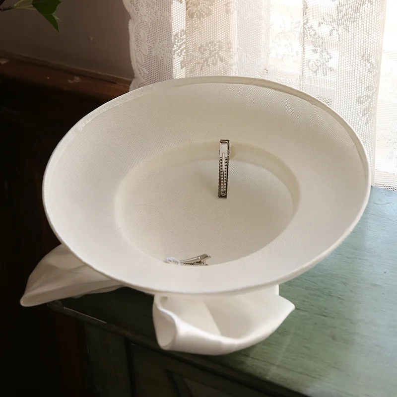 Women White Bow Big Brim Hat Court Banquet Dress Elegant Top Cap Lady British Style Wine Red Clip Hats for Four Seasons