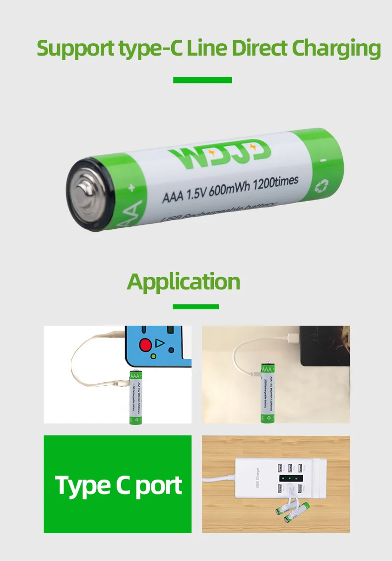 New Design  1.5V AAA 600mWh Rechargeable Lithium Ion Type C Lithium Ion Batteries  With 2-in-1 Charging Cable