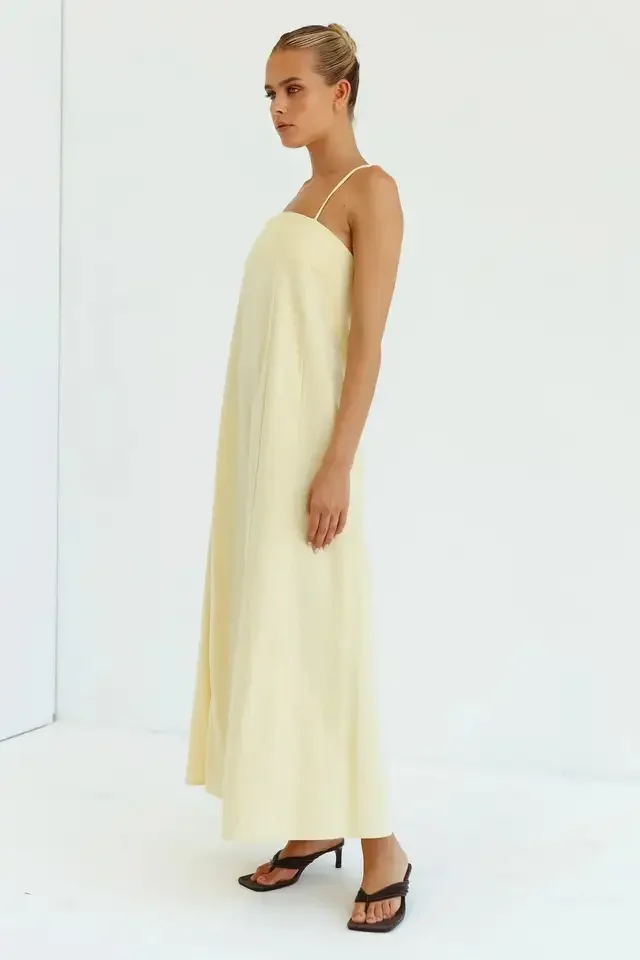 Summer simple elegant ladies spaghetti strap sleeveless side pocket plus size backless linen cotton maxi casual dresses