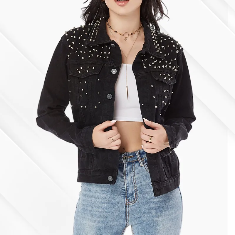 Fall Woman Black Denim Jackets Fashion Crop Rivet Jeans Jacket For Women
