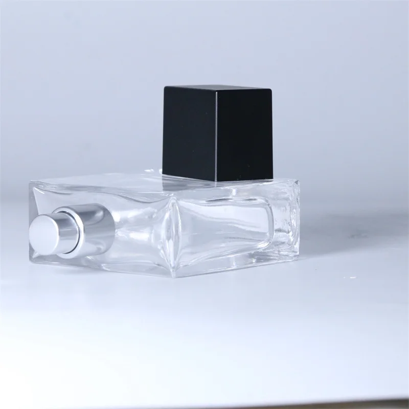 Transparent 50ml square spray perfume glass bottle and cap with box in stock