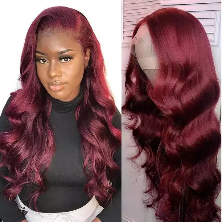 Natural Hairline Ombre Brazilian Cuticle Aligned Virgin Hair Vendors Body 99j burgundy Red Color Lace Front Wig Human Hair