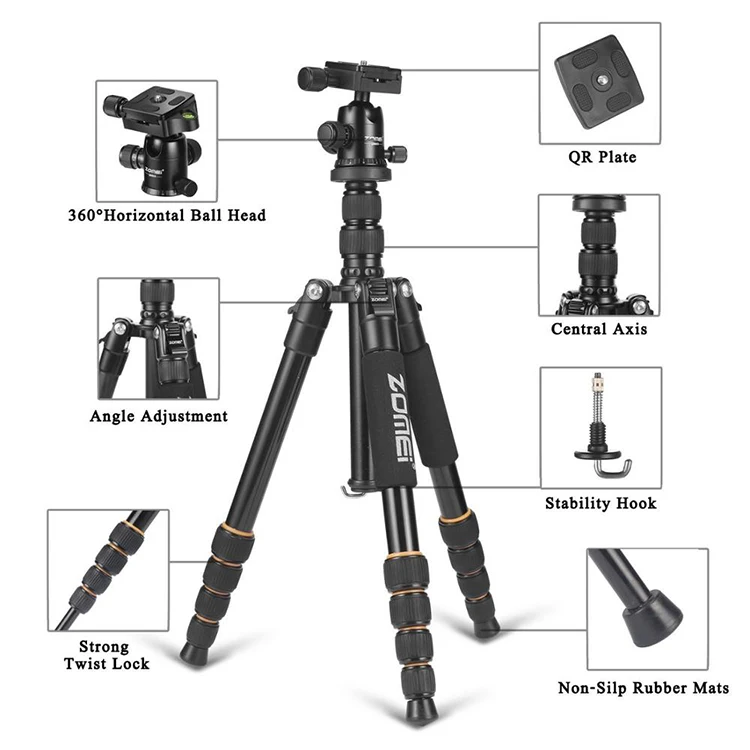
Zomei Q666 4 sections camera tripod with monopod and ball head tripod kit for dslr 
