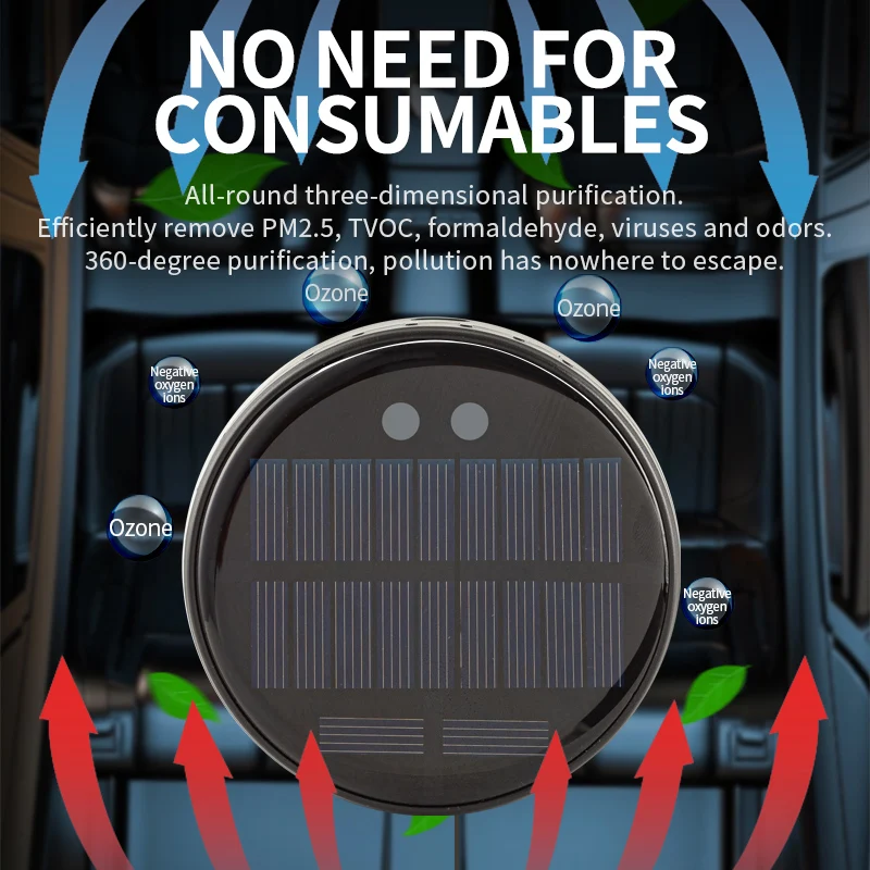 Solar Powered Car Air Purifier Ozone and Negative Ion, Eliminate Odors, Smoke, Formaldehyde for Car, Home, Office, and Travel